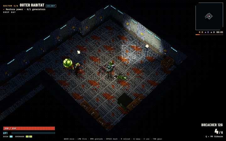 An armored responder fights green aliens in a dark isometric colony room.